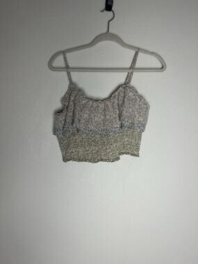 Storia Women's Ditsy Floral Multicolor Print Ruffle Smocked Crop Tank Top Sz L